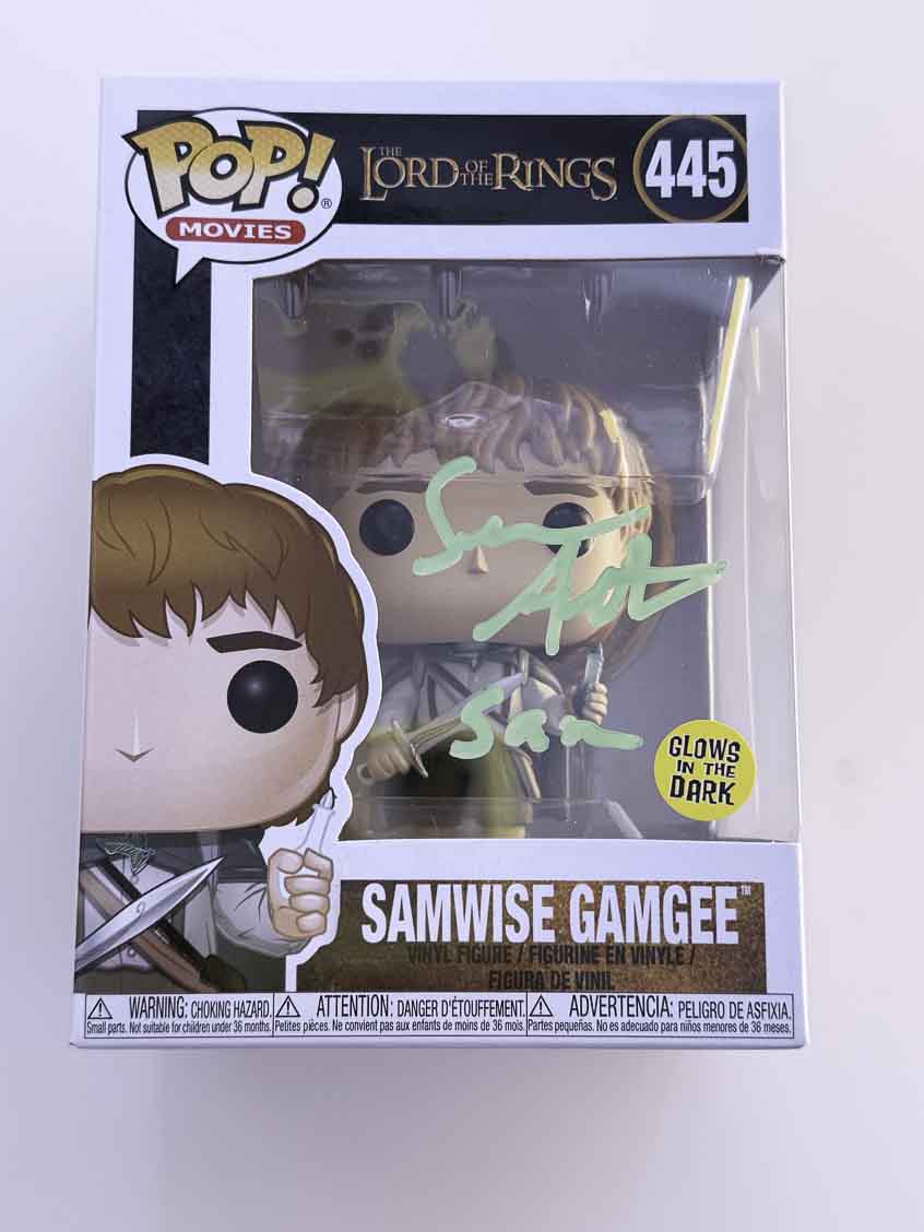 Sean Astin aka Samwise Gamgee original Autogramm mit Charakter Name auf Herr der Ringe Funko Pop 445 - grün