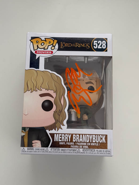 Dominic Monaghan aka Merry Brandybuck original Autogramm auf Herr der Ringe Funko Pop 528 - orange