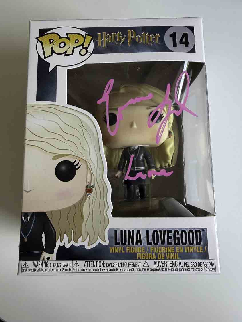Evanna Lynch aka Luna Lovegood original autograph with character name on Harry Potter Funko Pop 14 - pink