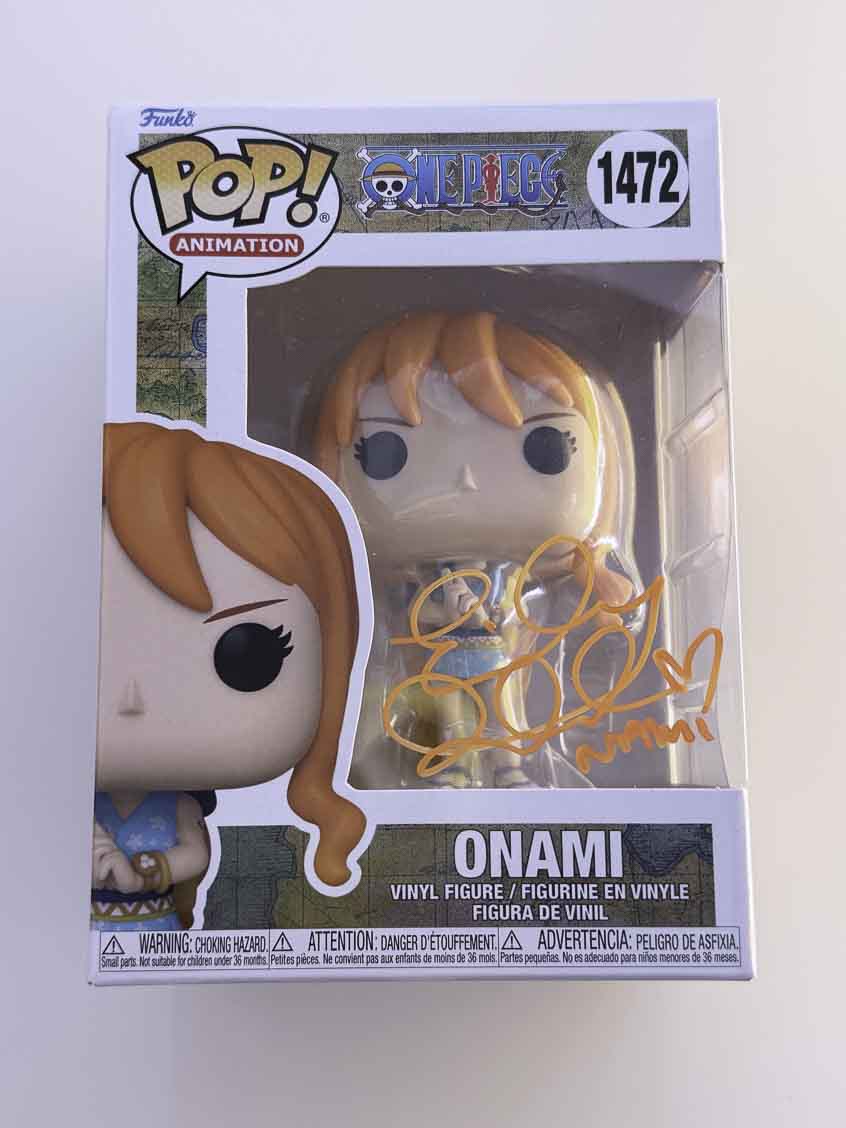 Emily Rudd aka Onami original autograph with character name on One Piece Funko Pop 1472 - orange