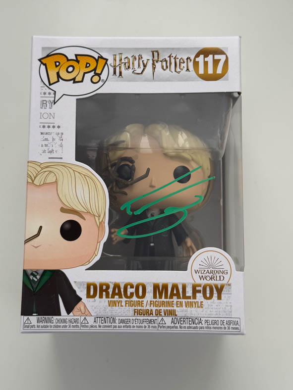 Tom Felton aka Draco Malfoy original Autogramm auf Harry Potter Funko Pop 117 - grün