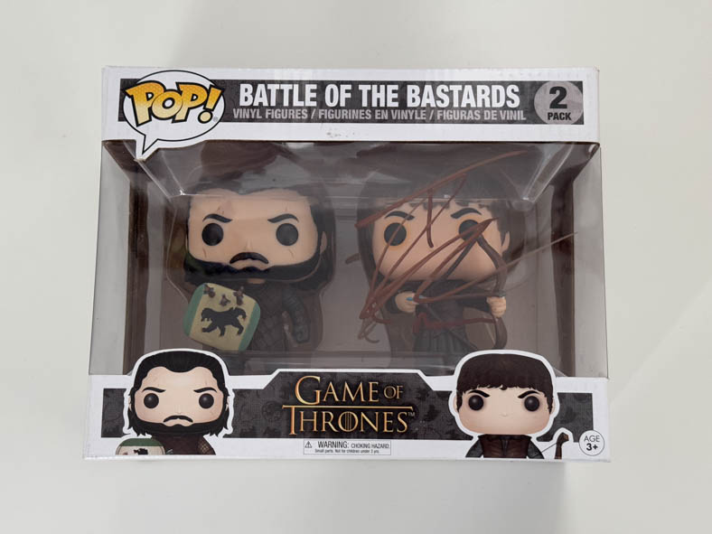 Iwan Rheon aka Ramsay Bolton original autograph with character name on Game of Thrones Funko Pop 2 Pack Battle of the Bastards - brown